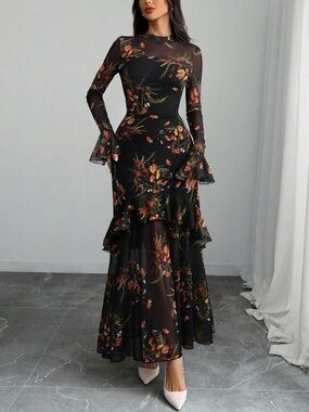 Black Floral Long Sleeve Ruffle Maxi Dress